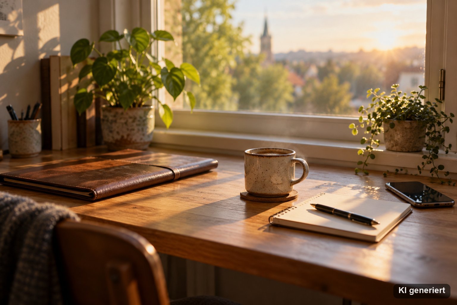 Aufgeräumter Schreibtisch am Fenster mit Mappe, Kaffeetasse, Notizblock und Telefon im Morgenlicht