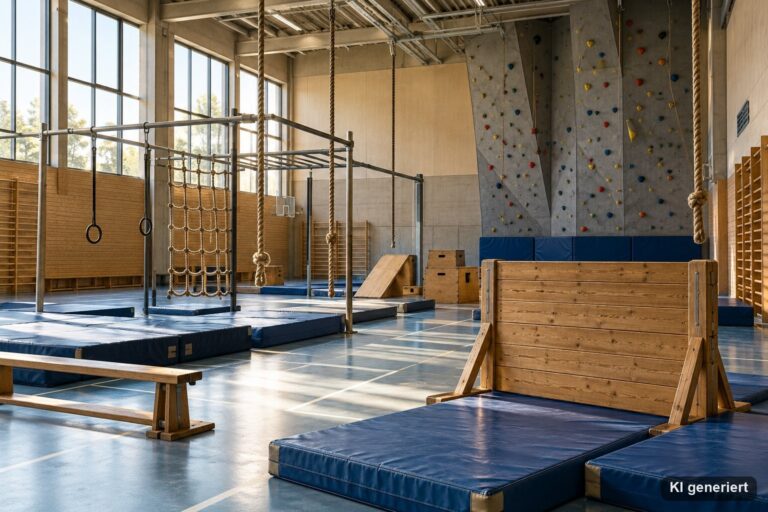 Leerer Hindernisparcours in einer großen Sporthalle mit Matten, Kletterwand, Seilen und Holzbarriere im Morgenlicht