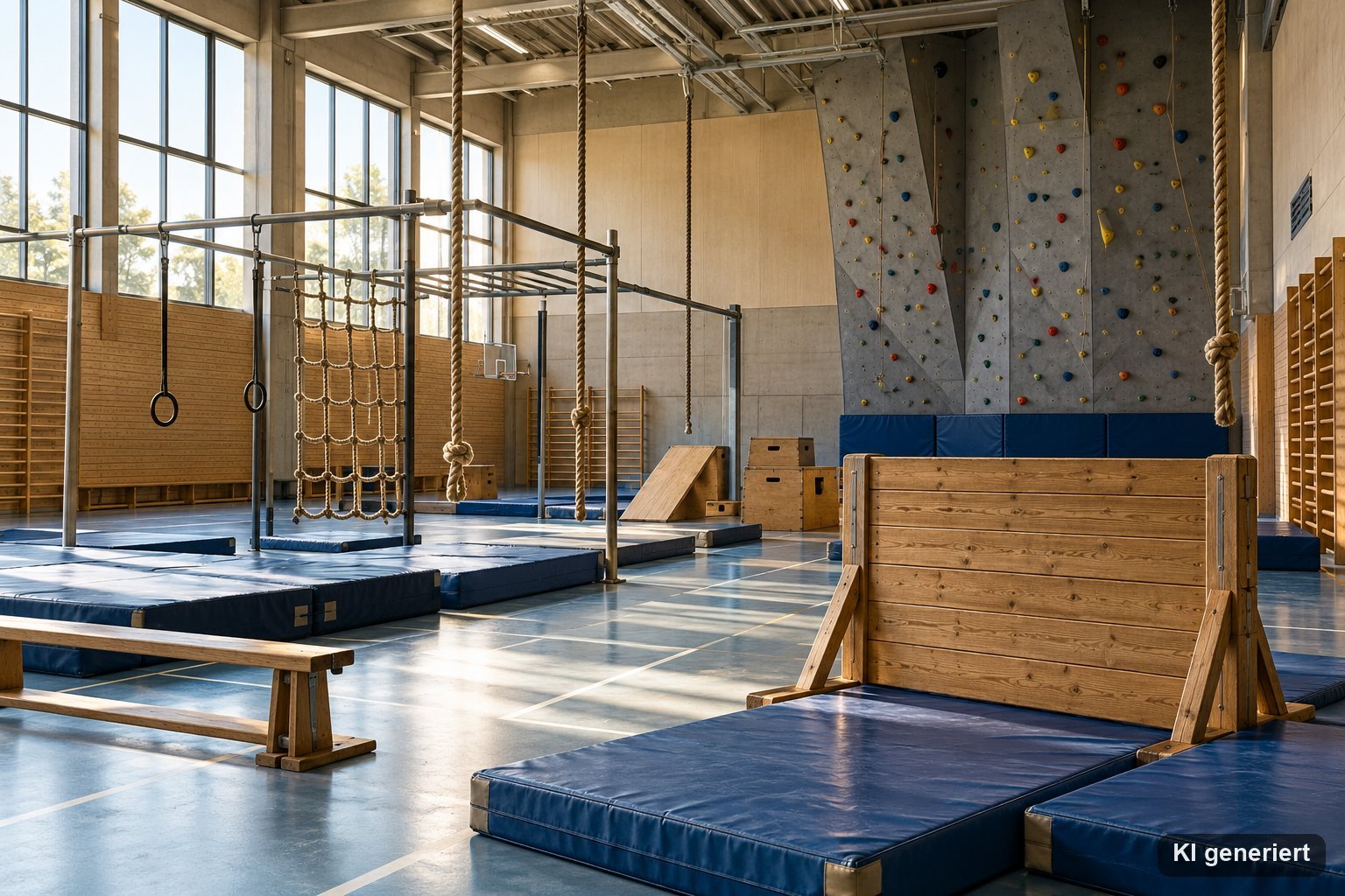Leerer Hindernisparcours in einer großen Sporthalle mit Matten, Kletterwand, Seilen und Holzbarriere im Morgenlicht