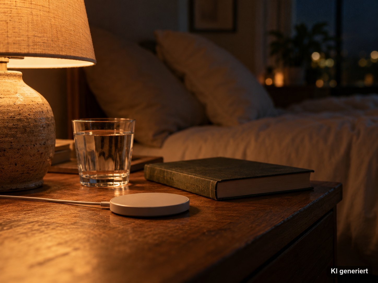 Ladekabel und kleine kabellose Ladestation auf einem Nachttisch neben Wasserglas und Buch im warmen Abendlicht