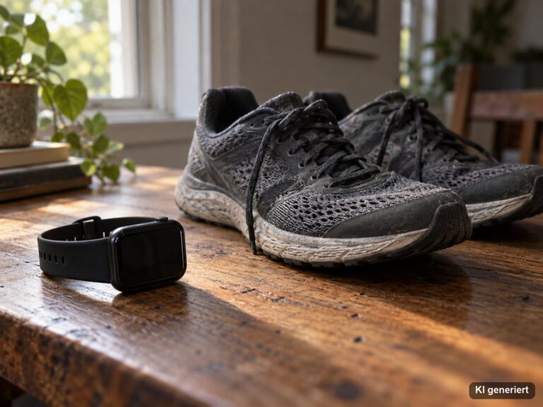 Schlichte schwarze Smartwatch mit dunklem Display auf einem Holzschreibtisch neben Laufschuhen im Tageslicht