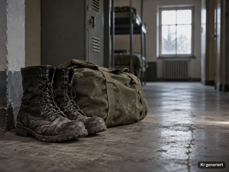 Abgetragene Kampfstiefel und ein olivgrüner Seesack auf dem Betonboden eines leeren Kasernenflurs