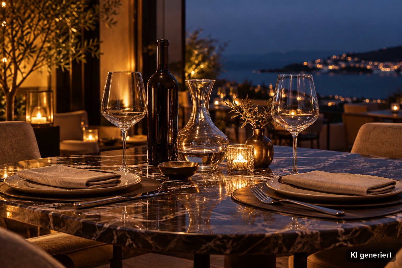 Elegant gedeckter Restauranttisch mit zwei Weingläsern, Karaffe und Weinflasche in Abendstimmung
