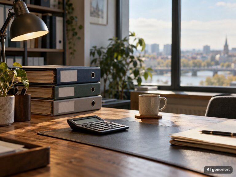 Aufgeräumter Schreibtisch im Steuerbüro mit Taschenrechner, geschlossenen Ordnern, Schreibtischlampe und Kaffeetasse im Tageslicht