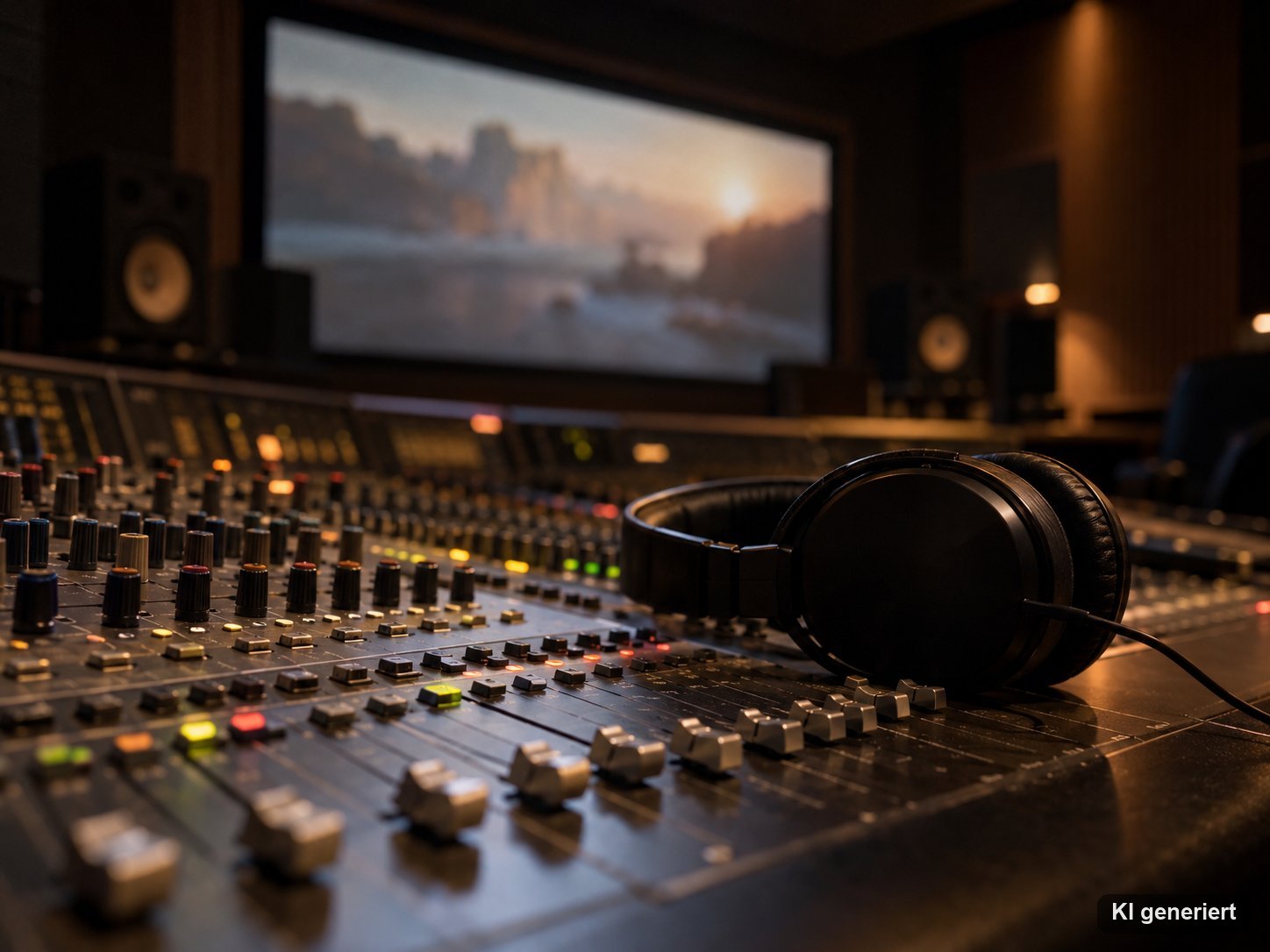 Mischpult in einem Synchronstudio mit Reglern, Kopfhörern und einem Monitor im warmen Licht